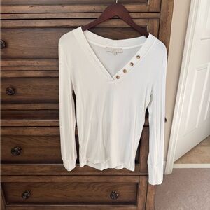 LOFT cream Ribbed Long Sleeve V-Neck Top with Button Detail